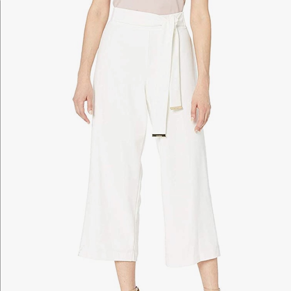 Calvin Klein | White Culottes Wide Legged Cropped Pant with Tie Front Belt